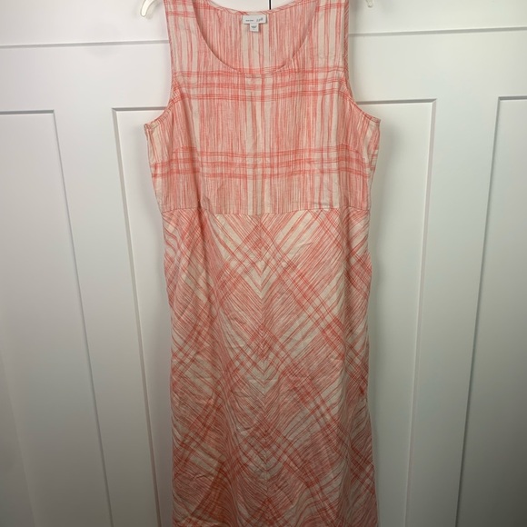 J Jill Love Linen Maxi Dress LARGE orange White Lagenlook Coastal Pockets - Picture 2 of 9
